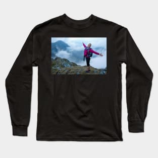 Woman backpacker hiking on a trail Long Sleeve T-Shirt